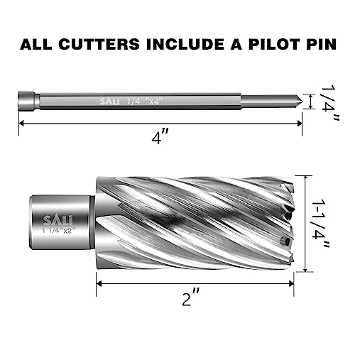 SALI 2 pcs Annular Cutter Diameter 1-1/4 Inch with Weldon Shank 3/4" (with 2 Flats) Cutting Depth 2" Mag Drill Bit for Magnetic Drill Press HSS Fully Ground Drill with One 1/4"*4" Pilot Pin - size: 1-1/4"*2"