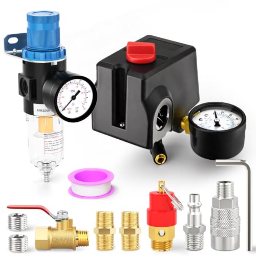 4 Way Air Compressor Pressure Switch Control Valve Kit 120-155 PSI, Lateral Port Replacement Parts, 110V-240V, With AFR2000 Air Filter Pressure Regulatorand Safety Pressure Relief Valve - size: 120-155 PSI