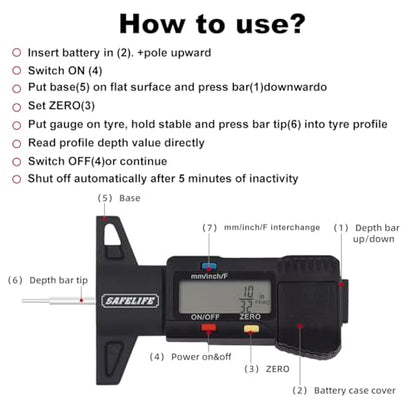 SAFELIFE Digital Tire Tread Depth Gauge, 3 Modes-Fractional Inch, Decimal Inch and Millimeter, Zeroable Tire Tread Depth Gauge for Motorcycles,Cars,Trucks Accurate Tyre Tread Depth Gauge-Black - color: black
