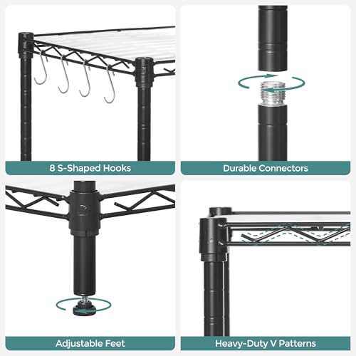 SONGMICS 7-Tier Storage Shelves, Adjustable Wire Shelving Unit, 8 Hooks - color: Ink Black, size: 7 Tiers (13.4"D x 23.2"W)