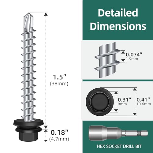100-pack #10 x 1-1/2 Hex Head Self-Drilling Metal Roofing Screws with EPDM Washer, Black Coated Wood Screws, Self Tapping Sheet Metal Roof Screws (Diamond Point) - color: Black, size: #10 x 1-1/2"