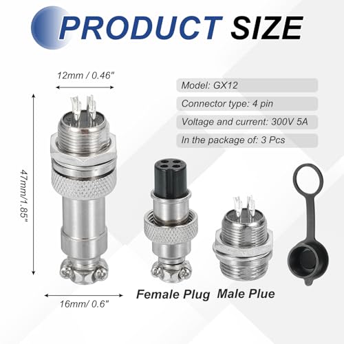 MECCANIXITY 3Pcs 4 Pin GX12 Aviation Plug Connector 125V 5A Metal Circular Plug Connector with Male Female Plug Wire Connector 12mm Socket, Silver - style: 4 Pin