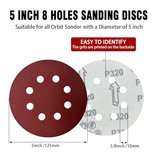 52 Pack 5 Inch 8-Hole Hook and Loop Sanding Discs Sandpaper Red Round 320 Grits Sandpaper for Random Orbital Sander - style: 320 Grit 52 Pack
