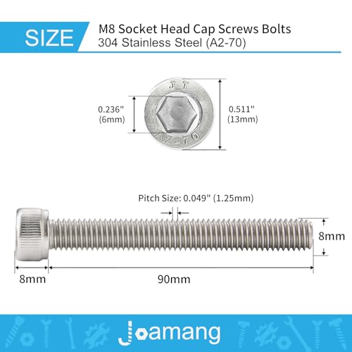 M8-1.25 x 90mm Socket Head Cap Screws Bolt, 304 Stainless Steel (A2-70), Metric Allen Hex Drive, Bright Finish, Fully Threaded, Quantity 8 - size: M8 x 90mm(8PCS)