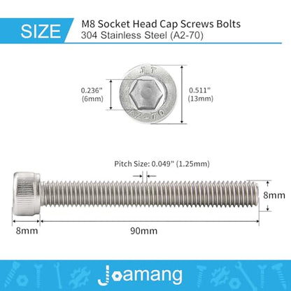 M8-1.25 x 90mm Socket Head Cap Screws Bolt, 304 Stainless Steel (A2-70), Metric Allen Hex Drive, Bright Finish, Fully Threaded, Quantity 8 - size: M8 x 90mm(8PCS)