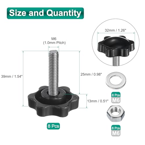 uxcell 8pcs Star Clamping Knobs with Nuts Washers, M6 x 25mm Metric 304 Stainless Steel Male Thread 32mm 6-Star Plastic Head, Threaded Stud Hand Knobs Handles Thumb Screws, Black - size: M6 x 25mm