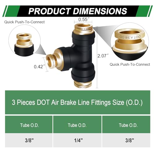 3/8" DOT Air Line Fittings Tee 3PCS, 3/8" OD x 3/8" OD x 1/4" OD - color: 3/8" * 3/8" * 1/4" 3PCS