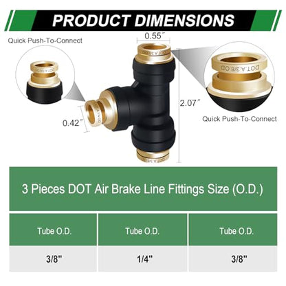 3/8" DOT Air Line Fittings Tee 3PCS, 3/8" OD x 3/8" OD x 1/4" OD - color: 3/8" * 3/8" * 1/4" 3PCS