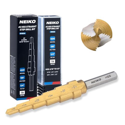 NEIKO 10183A Step Drill Bit, 6 Steps 3/16” to 1/2” Straight High Speed Steel, Titanium Nitride Coated, 1/4” Tri Flat Step Bits for Steel, Metal, Wood, Plastic, Unibit Cone Drill Bits, Two Flute - size: #2 (3/16 - 1/2", 6S), style: Straight
