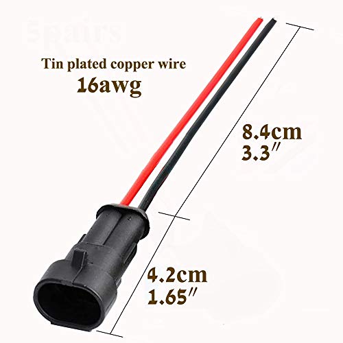 2 Pin Connector Waterproof,2Pin Way Car Electrical Connector with Wire 16AWG Marine for Car,Truck,Boat,Motorcycle and Other Wire Connections. (5pairs) - size: 2-way