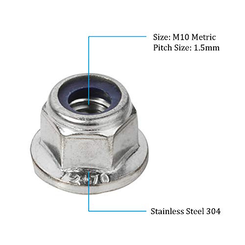 M10-1.5 Flange Nylon Insert Lock Nuts Flanged Locknuts, DIN 6926, Stainless Steel 18-8 (304), Bright Finish, 20 PCS - size: M10