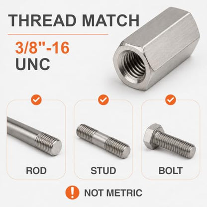 12 Pack 3/8-16 UNC Coupling Nuts, 304 Stainless Rod Couplers - color: Stainless Steel, size: 3/8-16 x 1-3/4"