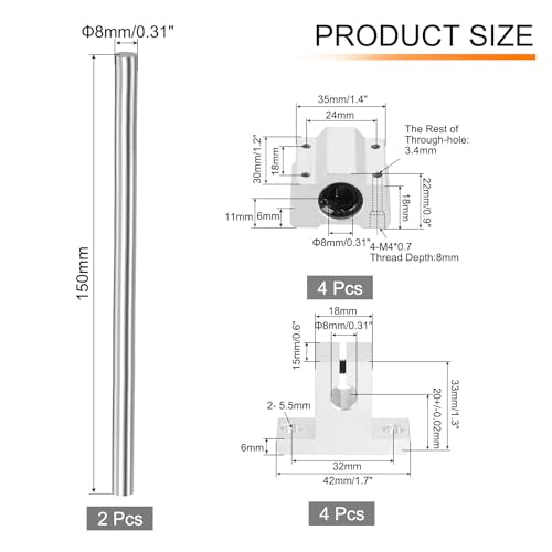 uxcell 2 Pcs 8mm x 150mm Linear Motion Rail Shaft Slide Guide with 4 Pcs SCS8UU Bearings and 4 Pcs SK8 Rail Support Linear Motion Rod Shaft Guide Set for CNC Machine 3D Printer, Silver - size: 150mm