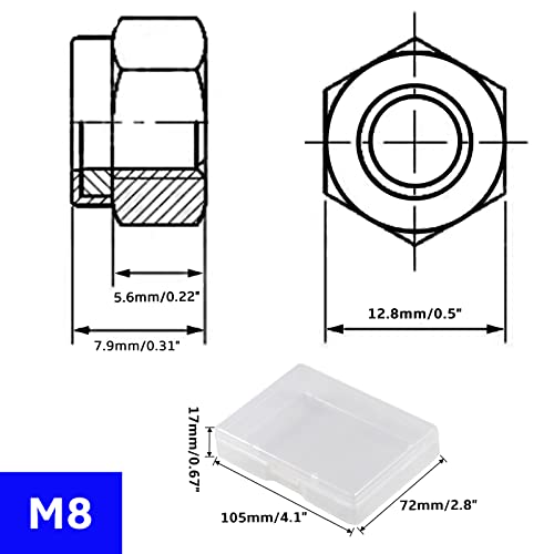 50 Pcs M8 x 1.25mm Nylon Inserted Self Locking Nuts Hex Lock Nuts Assortment 304 Stainless Steel Self Clinching Nuts Finish Hex Lock Nut Plain Finish Inserted Hex with Storage Box - size: M8