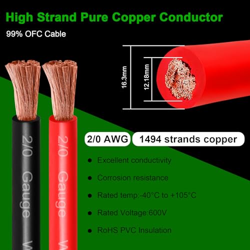 MOOKEERF 2/0 Gauge Battery Cable - 25FT Red + 25FT Black 2/0 AWG Welding Cable Flexible Stranded Oxygen-Free Pure Copper Wire for Automotive, Battery, Inverter, Solar, Marine and Generator - color: 25FT Black + 25FT Red, size: 2/0AWG