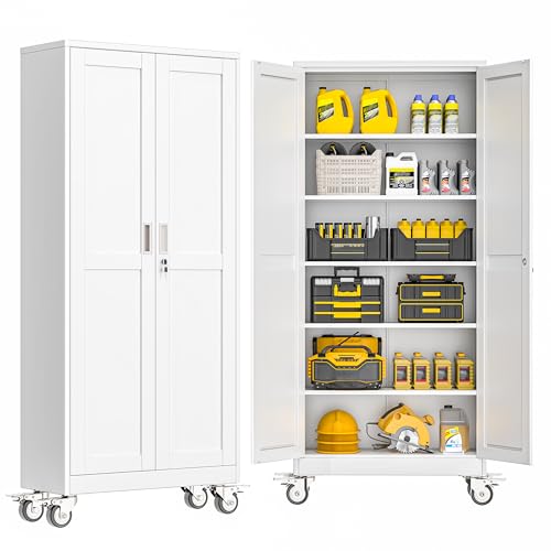 GAIOUS Metal Garage Storage Cabinet with Lock, Steel Tool Cabinet with 2 Doors and 5 Adjustable Shelves, 75” Tall Lockable File Cabinet with Wheels, Organization for Home Office Garage Gym - White - color: White, size: 15.75"D x 31.5"W x 74.8"H