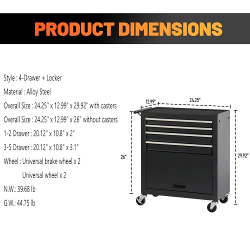 4-Drawer Lockable Rolling Tool Chest, Black - color: Black, style: 4 drawer