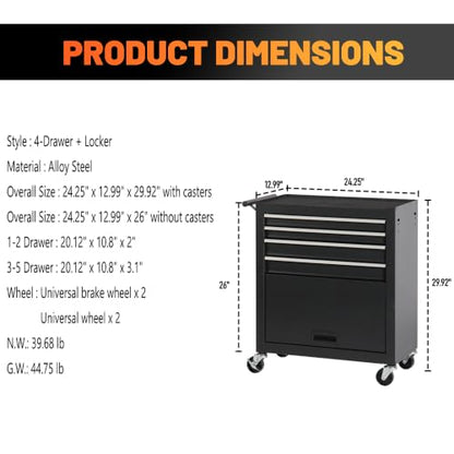 4-Drawer Lockable Rolling Tool Chest, Black - color: Black, style: 4 drawer
