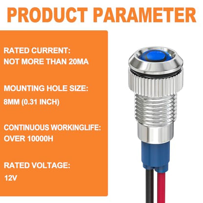 GASHER 5 PCS Energy Saving Indicator Light, LED Light 12V/24V/110V 20mA Panel Mount Light, Mounting Hole Size 8mm(5/16inch) Blue LED (12V) - color: Blue, size: 8MM（12V）
