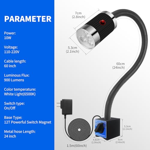 Magnetic Work Light, LED Machine Light, Work Light with Flexible & Magnetic Base, Shop Tool Lamp for Lathe, Work Bench, Sewing Machine, Grill, Bandsaw, Industrial Lighting, 10W, 900Lumens, Black