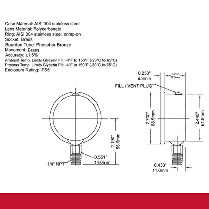 Winters 2-1/2" Dial Size, Liquid Filled Industrial Pressure Gauge, Brass Internals, 304 Stainless Steel Case, Single Scale 0-300 psi, 1.5% Acc, 1/4" NPT Bottom Mount, Glycerin Filled Pressure Gauge - style: 0/300 PSI