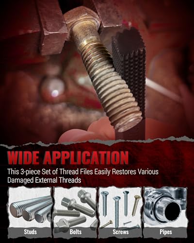Reywoo 3-Pc Heat-Treated Thread Restorer File Set, Metric SAE UNC UNF - size: 3 PC in UNC UNF Metric Sizes