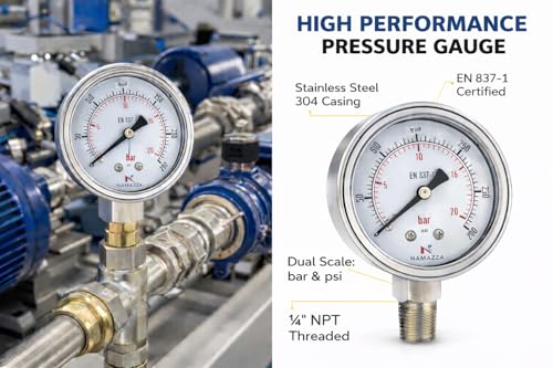 2.5" Glycerin-Filled Pressure Gauge, 0-300 PSI / 0-20 Bar, 1/4" NPT Lower Mount, 304 Stainless Steel Case/Wetted Parts, CL 1.6, Conforms to EN 837-1