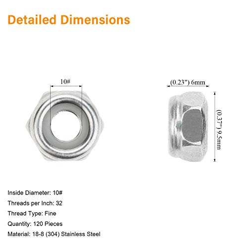 120 Pieces 10#-32 Nylon Insert Hex Lock Nuts, 304 Stainless Steel - size: 10-32 (120 pcs)