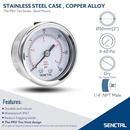 SENCTRL 0-60 Psi Low Pressure Gauge, 1/4 NPT Back Mount - size: 0-60Psi, style: Back Mount