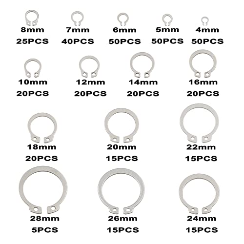 380PCS 4-28mm 304 SS External Retaining Rings Shaft C-Clips Kit