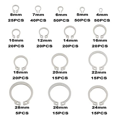 380PCS 4-28mm 304 SS External Retaining Rings Shaft C-Clips Kit