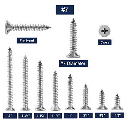 #7 x 1/2" Wood Screw 100Pcs 18-8 (304) Stainless Steel Screws Flat Head Phillips Fast Self Tapping Drywall Screws by SG TZH - size: #7 x 1/2"