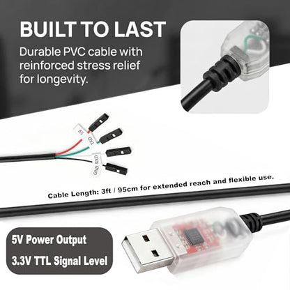 CP2102 USB to TTL Serial Adapter Cable, USB 2.0 to UART Converter 4 Pin (TXD RXD GND 5V), 3ft/95cm Long, 3.3V TTL Signal for Arduino, Raspberry Pi, ESP8266, ESP32 (1pcs)