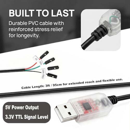 CP2102 USB to TTL Serial Adapter Cable, USB 2.0 to UART Converter 4 Pin (TXD RXD GND 5V), 3ft/95cm Long, 3.3V TTL Signal for Arduino, Raspberry Pi, ESP8266, ESP32 (1pcs)