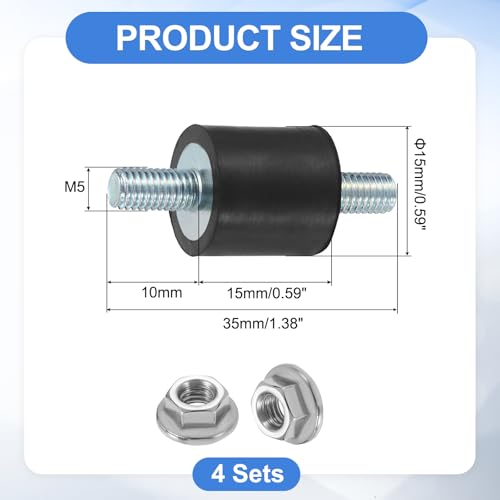 uxcell 4Pcs M5 x 10mm Rubber Mounts, 15 x 15mm Cylindrical Anti Vibration Isolator Studs Shock Absorber Double Studs with Nuts for Car Bobbin Generator Air Compressors - size: M5 x 10mm, 15 x 15mm