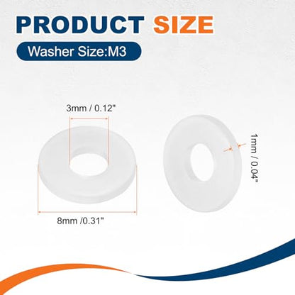 PATIKIL 125 Pcs Nylon Flat Washer M3 3mm ID 8mm OD 1mm THK White - color: White, size: 3mm x 8mm x 1mm
