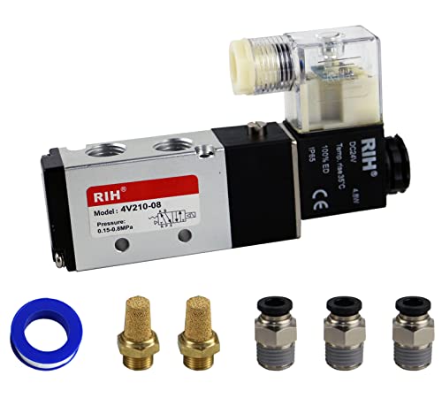 RIH Pneumatics Solenoid Valve 4V210-08 12V/24V/110V Series Single Coil Pilot-Operated Electric 2 Position 5 Way Connection Type (DC24V/Junction Box, 1/4"NPT) - size: DC24V/Junction Box, style: 1/4"NPT