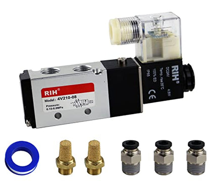 RIH Pneumatics Solenoid Valve 4V210-08 12V/24V/110V Series Single Coil Pilot-Operated Electric 2 Position 5 Way Connection Type (DC24V/Junction Box, 1/4"NPT) - size: DC24V/Junction Box, style: 1/4"NPT