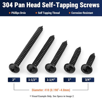 #10 x 3/4" (50 Pack) Stainless Steel Pan Head Self Tapping Screws, 304 SS (18-8) Black Coated, Phillips Drive Round Head Corrosion Resistant Screws for Wood & Sheet Metal - size: #10 x 3/4"