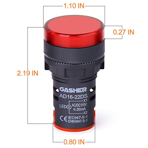 GASHER 12V/24V/110V 20mA Energy Saving Indicator Light Mounting Hole Size 22mm (7/8 Inch) Red Green Yellow (110V) 6 Pcs - style: 110V