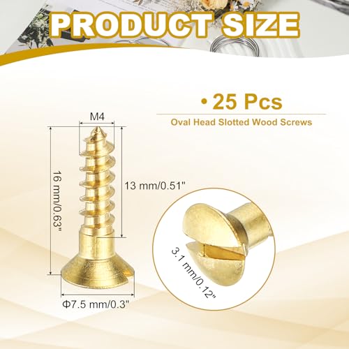 PATIKIL M4 x 16mm Slotted Wood Screw, 25 Pack Solid Brass Oval Head - size: M4x16mm