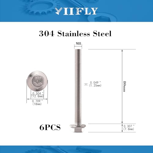 M8x1.25 x 80mm Flanged Hex Head Bolts, 304 Stainless Steel (A2-70), Bright Finish, Fully Threaded, Hexagon Head Flange Bolts, Quantity 6 - size: 80mm(6PCS)