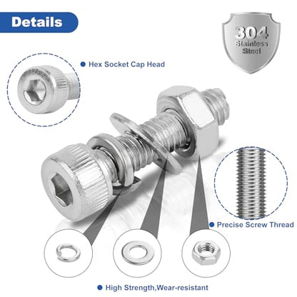 640Pcs Metric M3 Hex Socket Head Cap Screws Assortment Kit, M3x 6/8/10/12/16/20/25/30mm Internal Hex Drive Allen Bolts Nuts and Washers Set Kit, 304 Stainless Steel, Fully Threaded, Pitch: 0.5mm