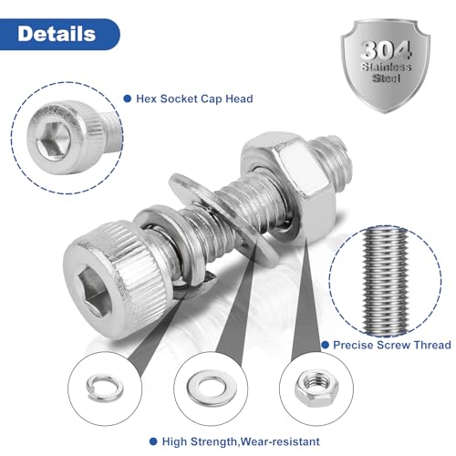 640Pcs Metric M3 Hex Socket Head Cap Screws Assortment Kit, M3x 6/8/10/12/16/20/25/30mm Internal Hex Drive Allen Bolts Nuts and Washers Set Kit, 304 Stainless Steel, Fully Threaded, Pitch: 0.5mm