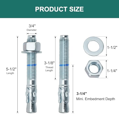 3/4" x 5-1/2" Concrete Anchors (10 Pack) 3/4 inch Wedge Anchors Bolts Zinc Plated - size: 3/4"x5-1/2"