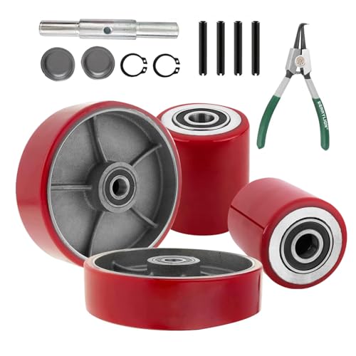 Pallet Jack/Truck Full Set with Axles, Pairs of 7" x 2" Steer Wheels & 3" x 3.75" Load Wheels with Bearings ID 20mm Poly Tread Black, Entry Exit Roller, Tool Kit Included.(Assembled) - size: 7" x 2" & 3" x 3.75"