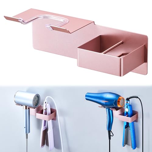 Hair Dryer and Straightener Holder Wall Mounted, Metal Adhesive Hair Tool Organizer for Blow Dryer, Curling Iron, Flat Iron, Bathroom Vanity Salon Barber Shops (Rose Gold) - color: Rose Gold