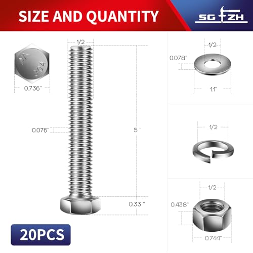 1/2-13 x 5 Hex Head Screw Bolt, Nuts, Flat & Lock Washers, 20Pcs 18-8 (304) Stainless Steel, Fully Threaded, by SG TZH - size: 1/2-13 x 5"