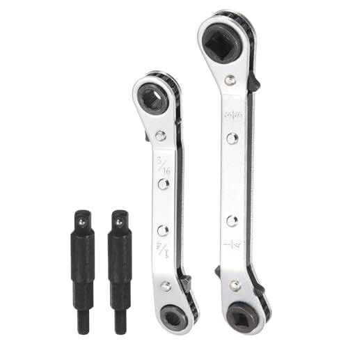 HARFINGTON 4pcs HVAC Service Wrench Set 1/4" 5/16" 3/16" 3/8" 25° 16-Teeth Air Conditioner Valve Reversible Ratchet Wrench with Hexagon Bit Adapter for Refrigeration Equipment Repair, Silver - color: Silver