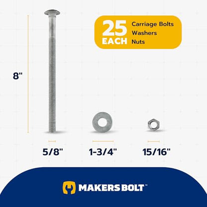 5/8" x 8" (25 pk) Hot Dip Galvanized 307A Carriage Bolt, Washer, Nut Kit by Makers Bolt - size: 5/8" X 8"